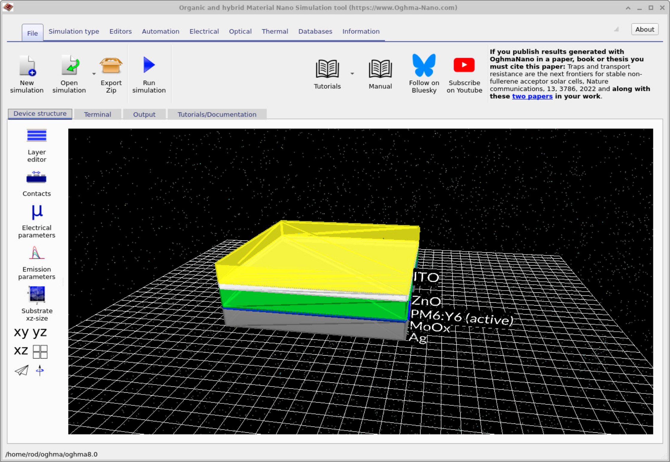 Main window. OghmaNano has an advanced 3D interface that enables the user to quickly and efficiently simulate their device.