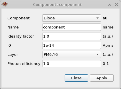 Zoomed view of the diode parameter editor showing ideality factor, I0, optical layer and photon efficiency