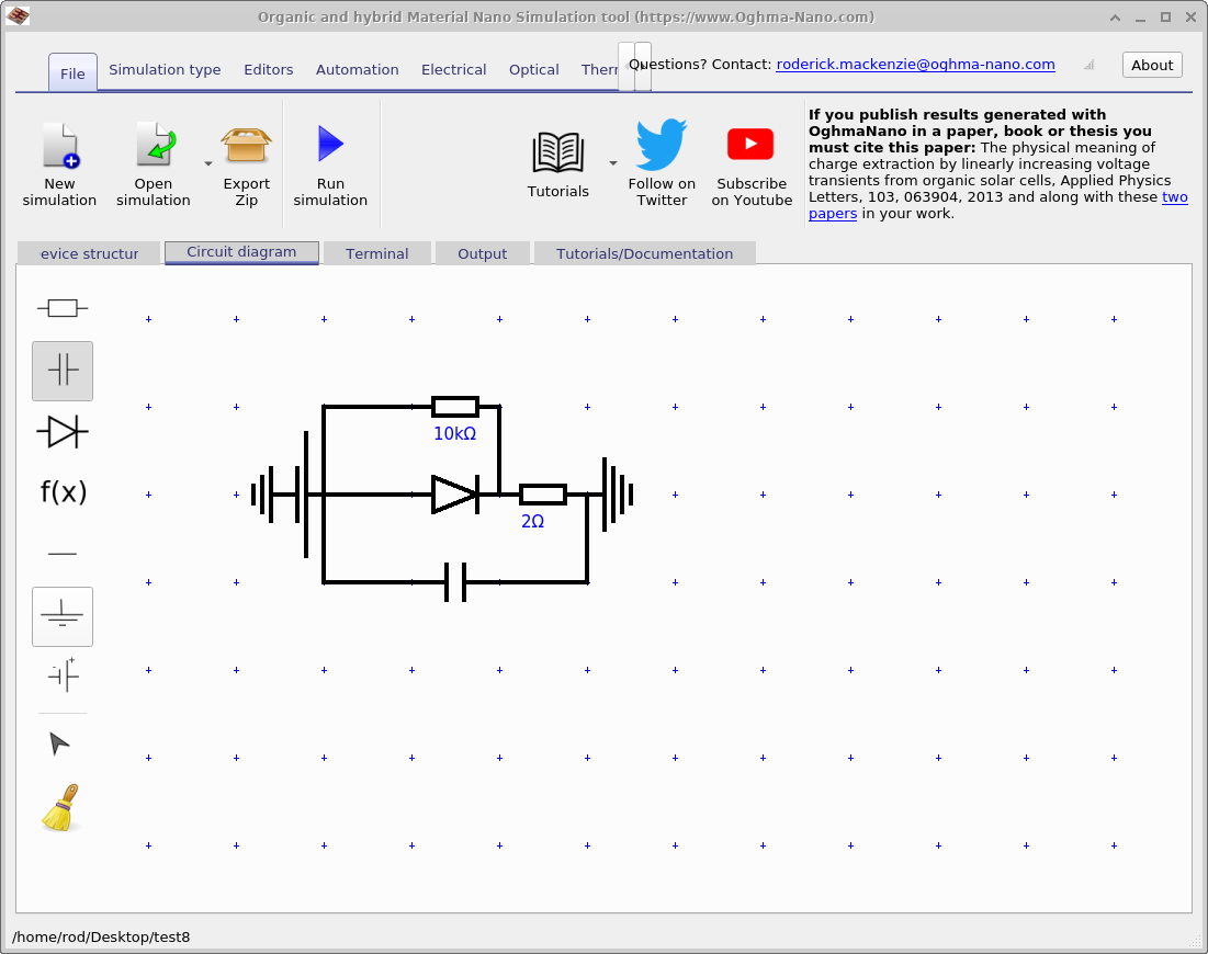 Equivalent circuit editor showing a solar-cell style circuit with diode, resistor, capacitor and contacts