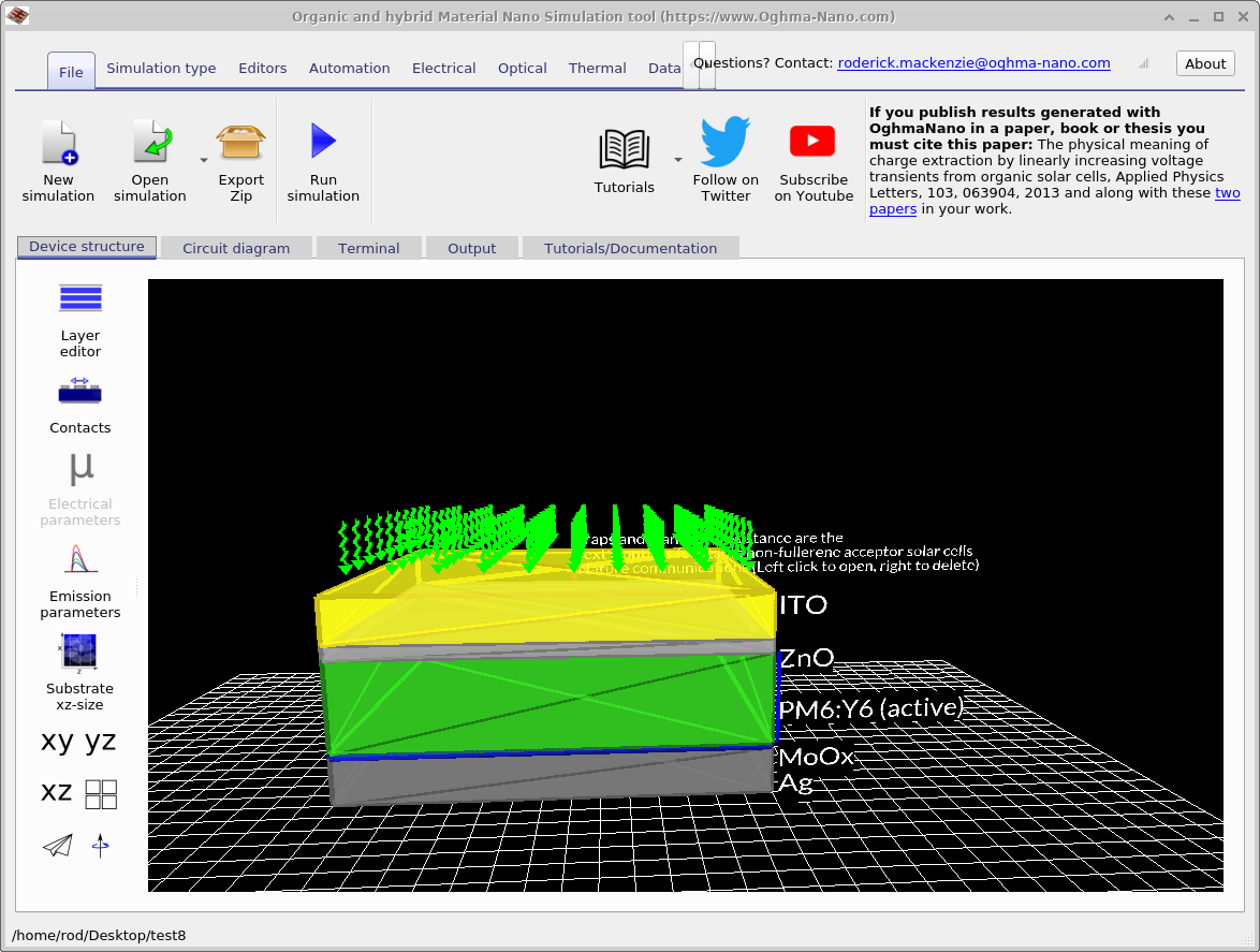 Main OghmaNano device window for a simple circuit simulation coupled to an optical stack