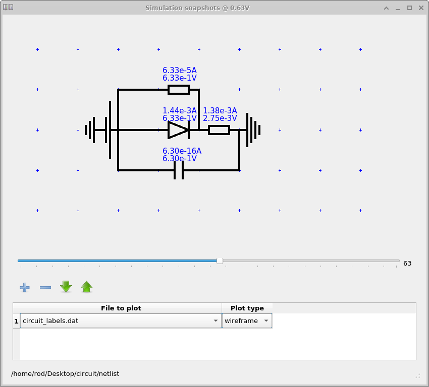 Netlist viewer showing voltage and current labels for each component in the equivalent circuit