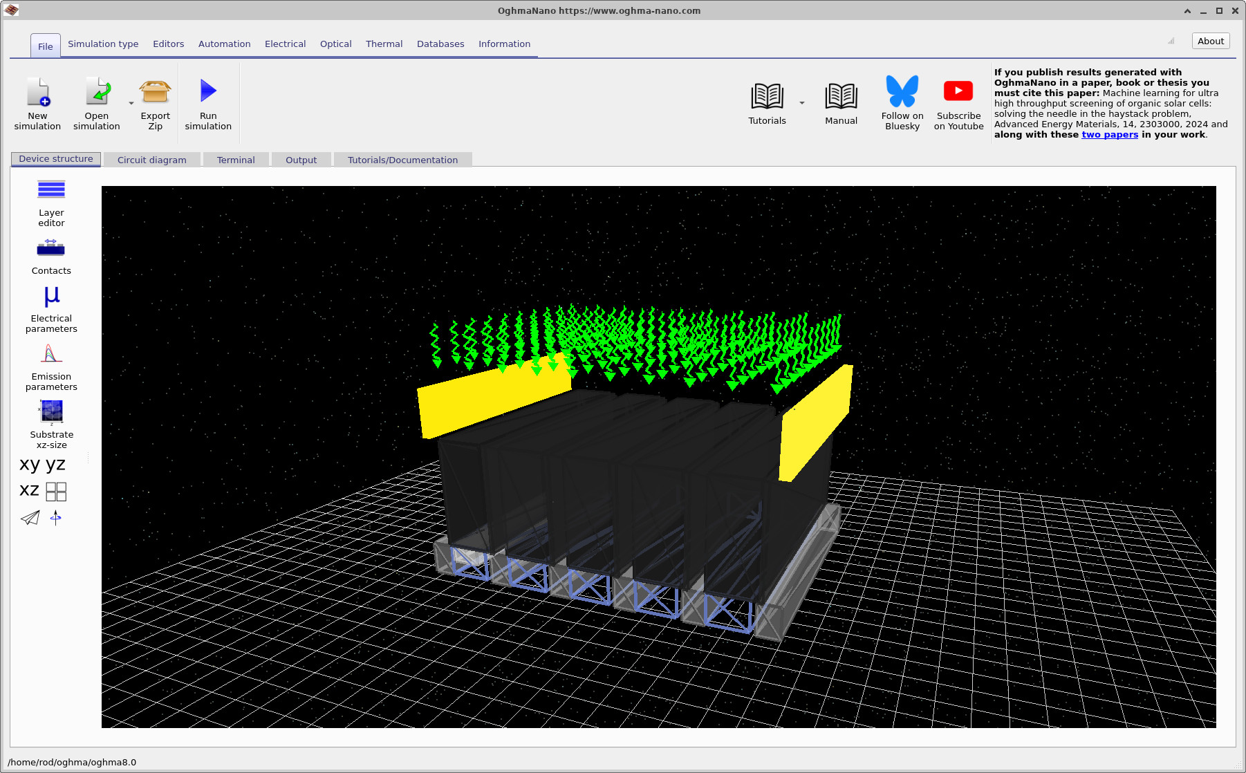 Main OghmaNano interface showing a large-area circuit-based device simulation
