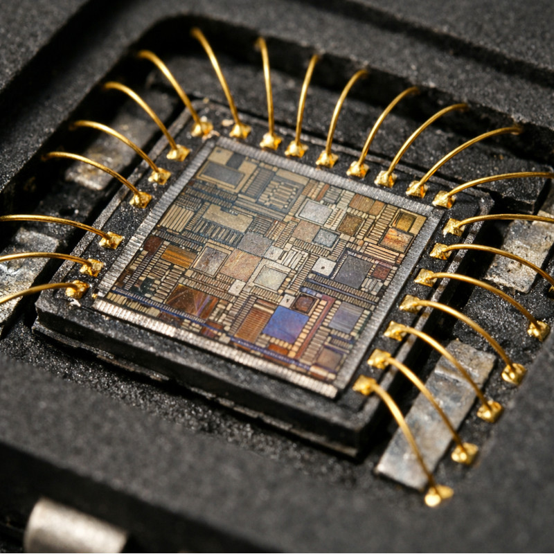 Close-up photograph of a packaged semiconductor die with wire bonds