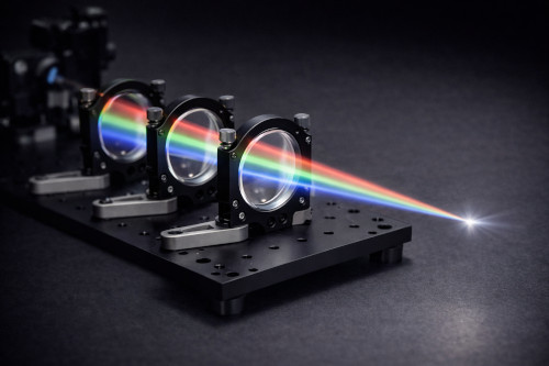 빛을 집속하는 다중 요소 광학 시스템의 도식도