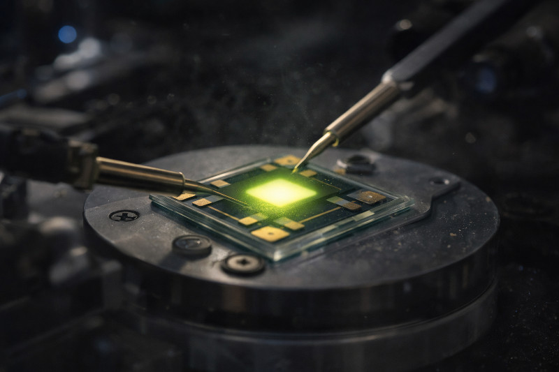 Research OLED under probe testing emitting light