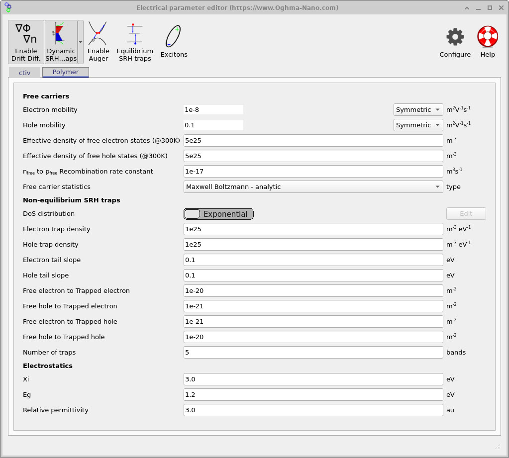 Electrical parameter editor for the Polymer phase, showing carrier mobilities and SRH trap settings.