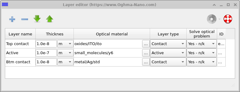 Layer editor showing a three-layer device stack with top contact, active layer, and bottom contact.