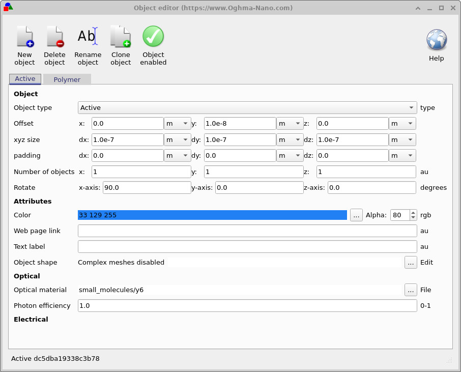 Object editor for the Active layer showing a simple box geometry and Y6 material assignment.