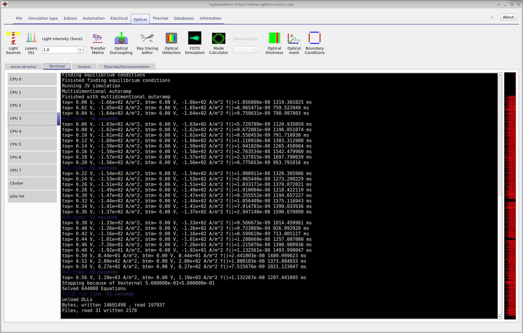 Terminal output while running the simulation, showing the JV sweep and solver timing.