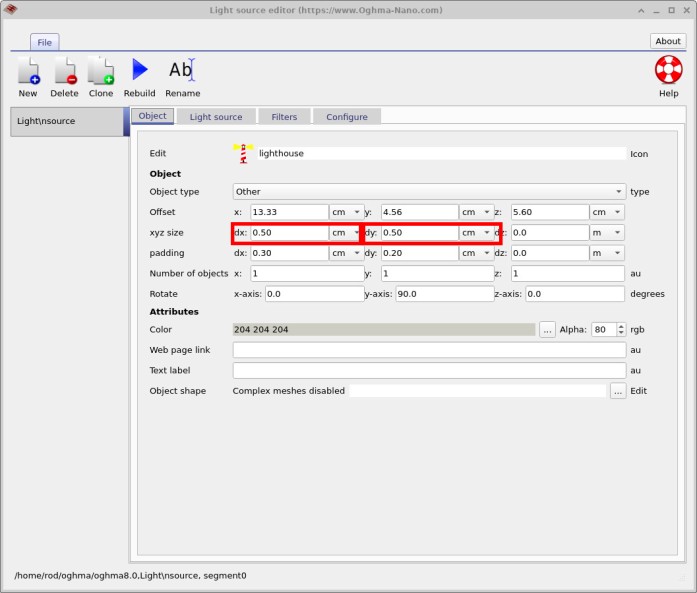 光源编辑器中将 dx 和 dy 设为 0.5 cm。