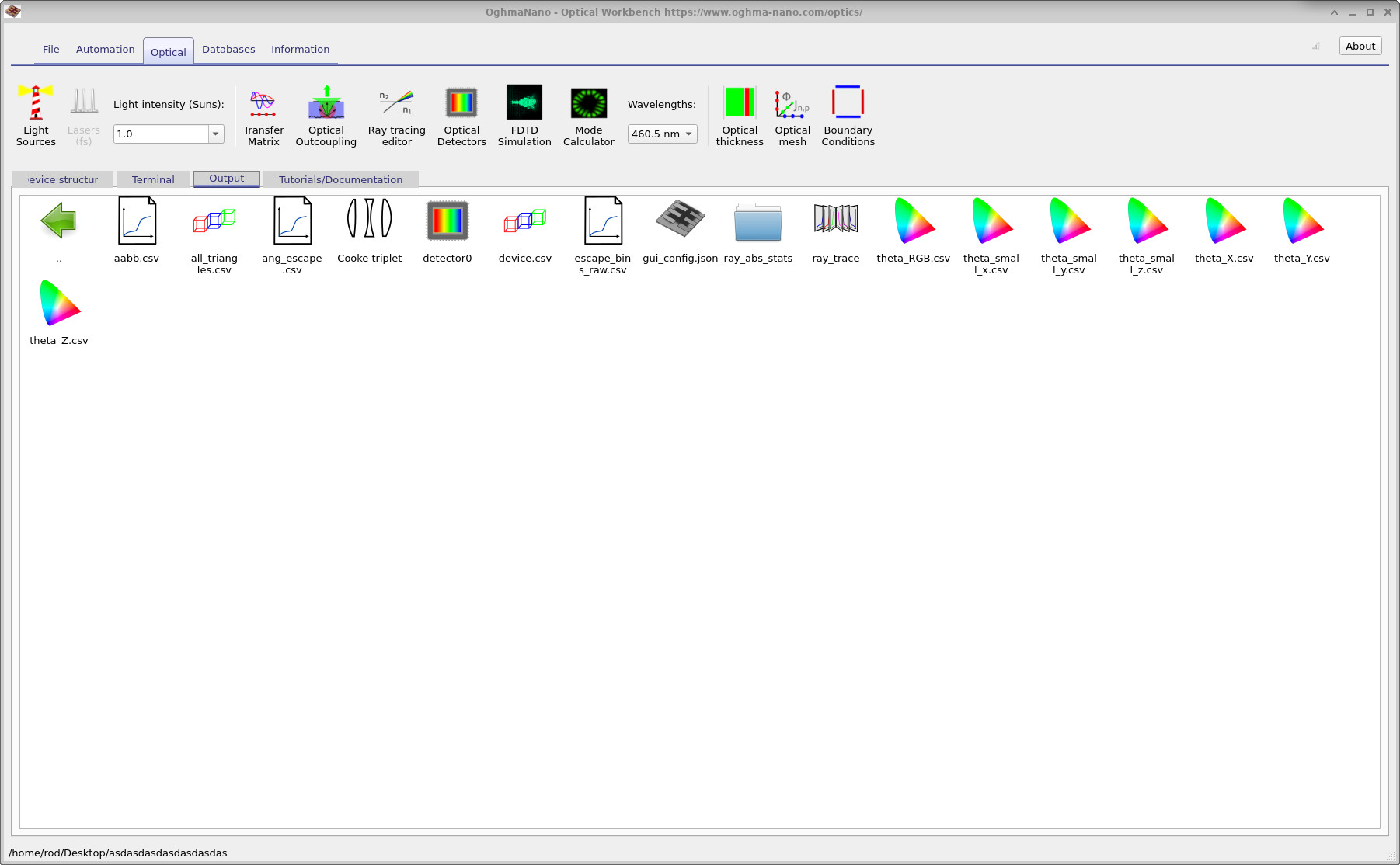 Output tab showing detector0 and other ray-tracing result files.