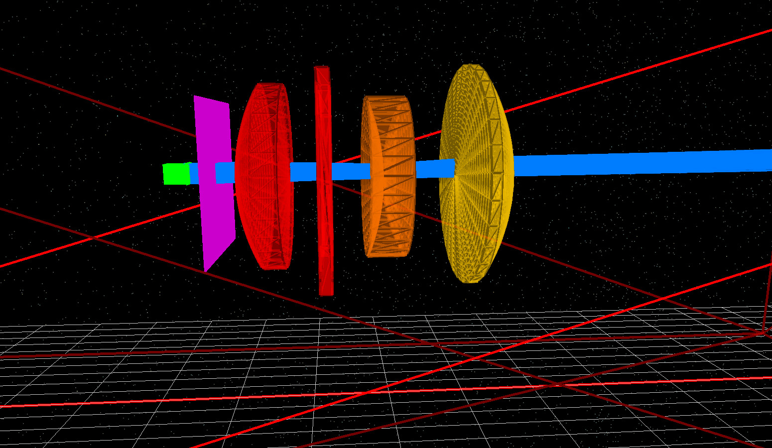 Narrow on-axis beam passing through the Cooke Triplet.