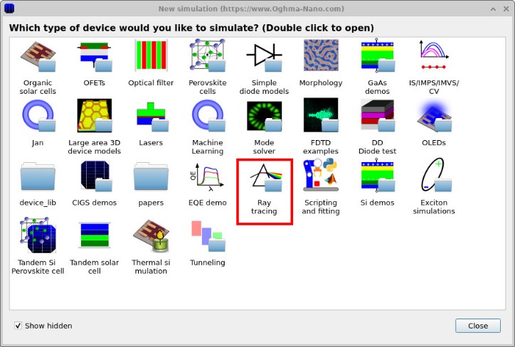 New simulation dialog showing the available device categories, including Ray tracing.