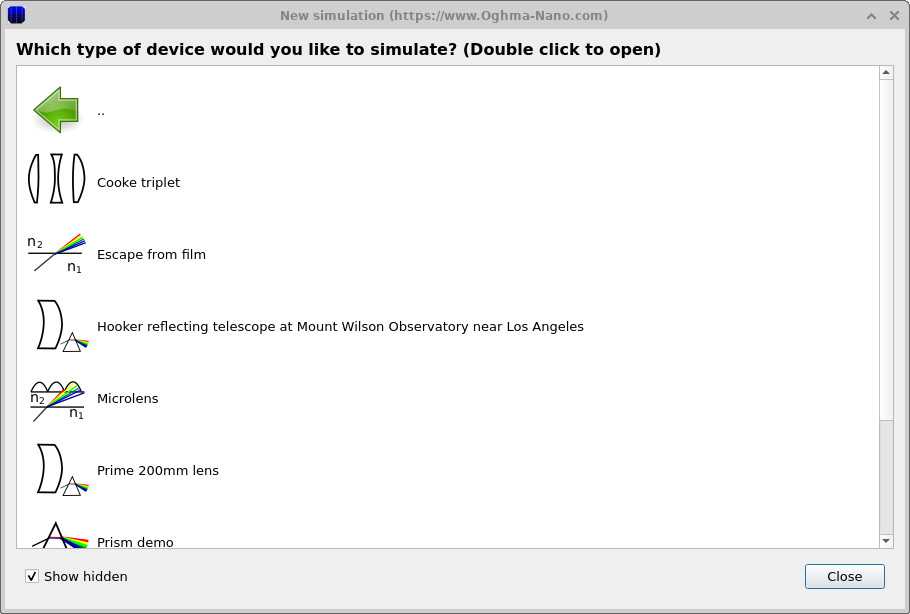 Ray-tracing example list containing the Cooke Triplet entry.