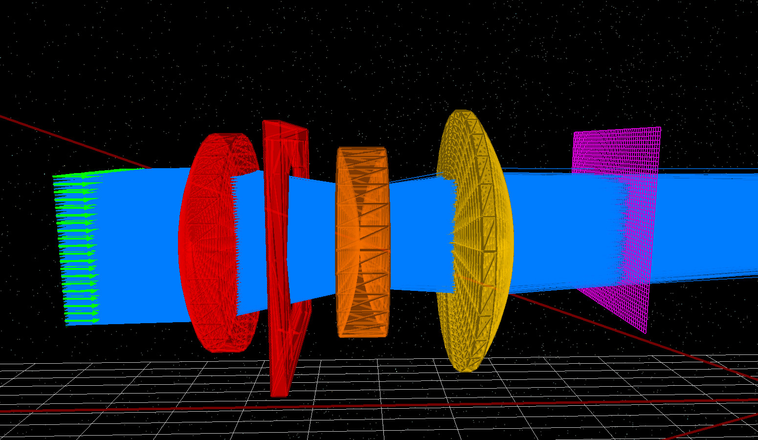 Cooke Triplet after running the ray-tracing simulation, showing a blue beam passing through the lenses.