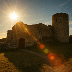 Sun over castle ruins with strong lens flare.