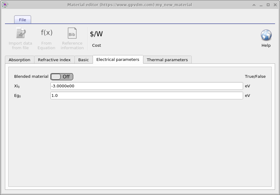 OghmaNano Material editor showing electrical parameters for my_new_material