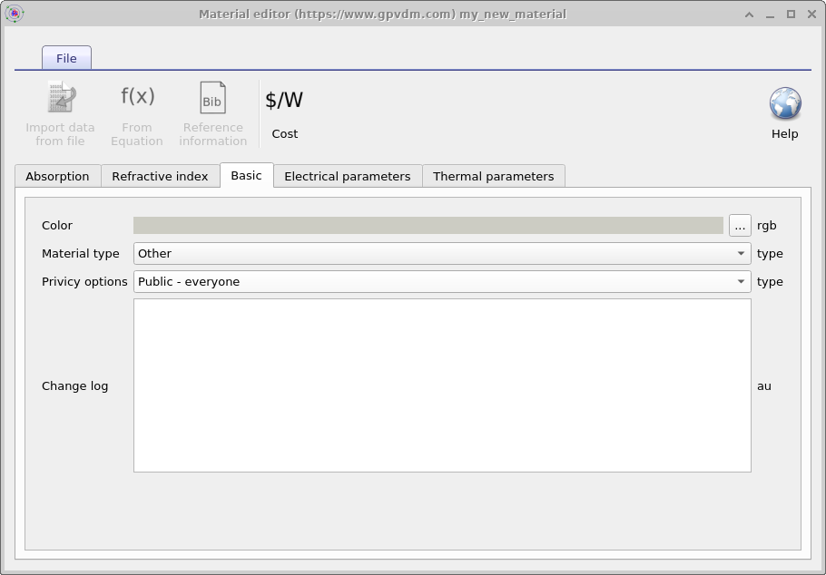 OghmaNano Material editor showing the basic material parameters tab