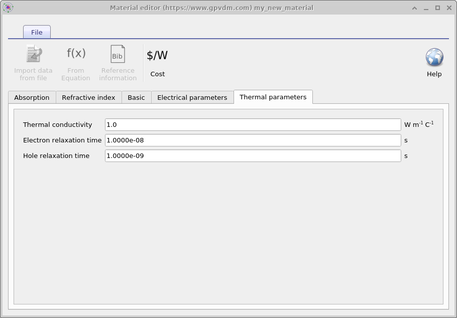 OghmaNano Material editor showing thermal parameters for my_new_material