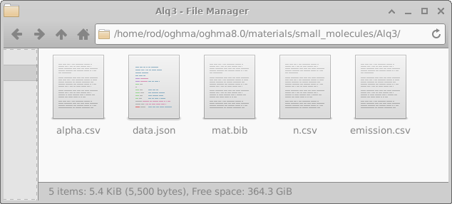 File manager window showing the Alq3 material directory with files alpha.csv, data.json, mat.bib, n.csv, and emission.csv