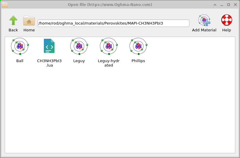 OghmaNano Open file dialog inside the material folder MAPI-CH3NH3PbI3, showing four optical n/k datasets (Ball, Leguy, Leguy-hydrated, Phillips) shown as atom icons alongside a single electrical Lua script CH3NH3PbI3.lua shown as a code-file icon