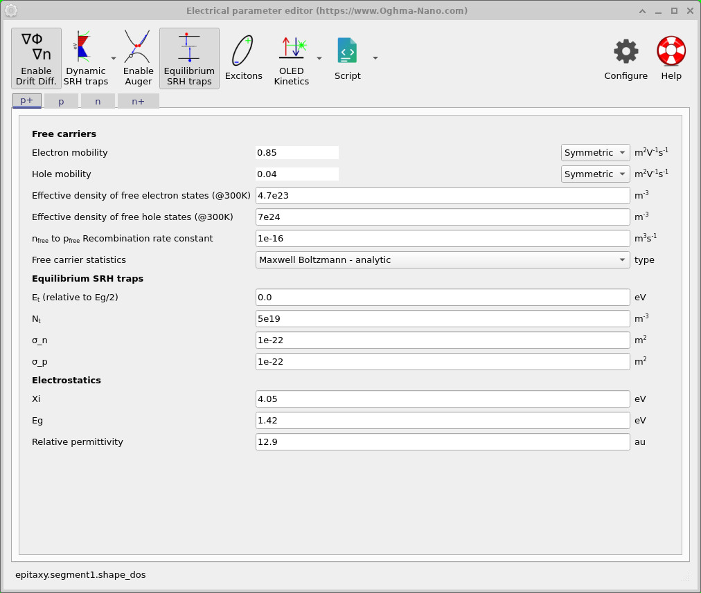 OghmaNano Electrical parameter editor with the Script button off, showing ordinary fixed numeric values typed into each box (electron mobility 0.85, hole mobility 0.04, Xi 4.05, Eg 1.42, and so on) stored in sim.json