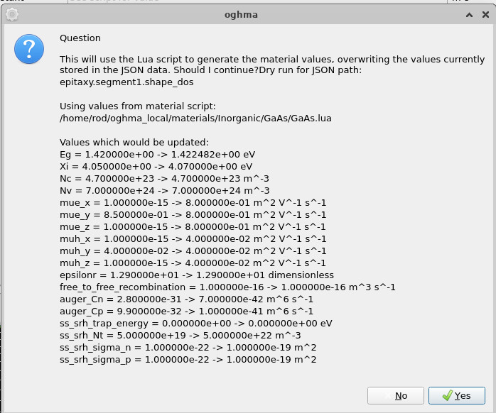 OghmaNano confirmation dialog listing the values that would be updated when populating the JSON from GaAs.lua, showing each parameter changing from its old to its new value