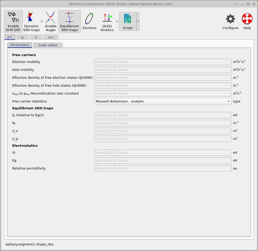OghmaNano Electrical parameter editor with the Script button depressed, showing Parameters and Code editor tabs and every parameter box greyed out reading See script for value
