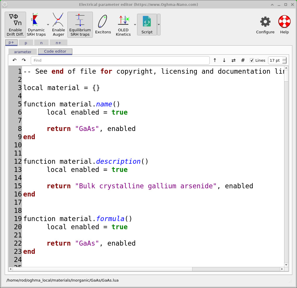 OghmaNano Electrical parameter editor Code editor tab showing the GaAs.lua material script source, with material.name, material.description and material.formula functions visible