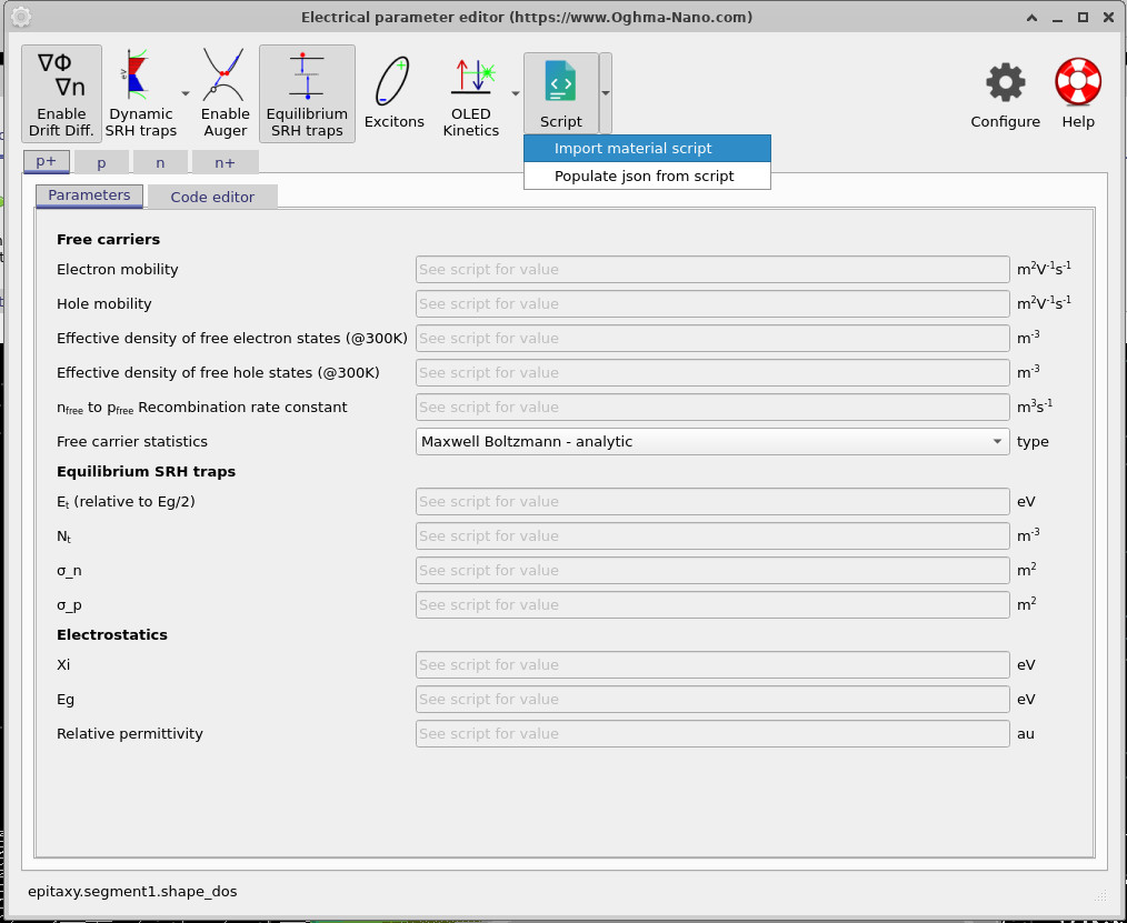 OghmaNano Electrical parameter editor showing the Script dropdown menu with two options: Import material script and Populate json from script