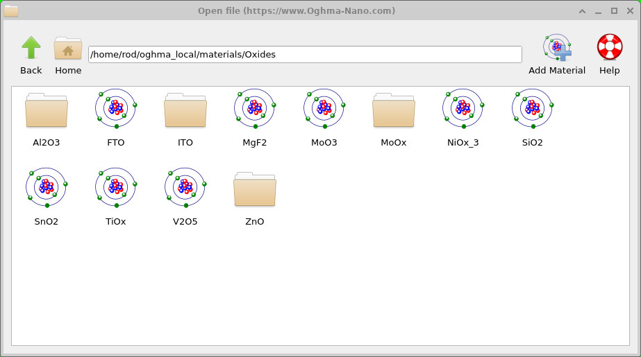 OghmaNano Materials database browser showing the Oxides folder, with subfolders represented by folder icons and individual materials represented by atom icons