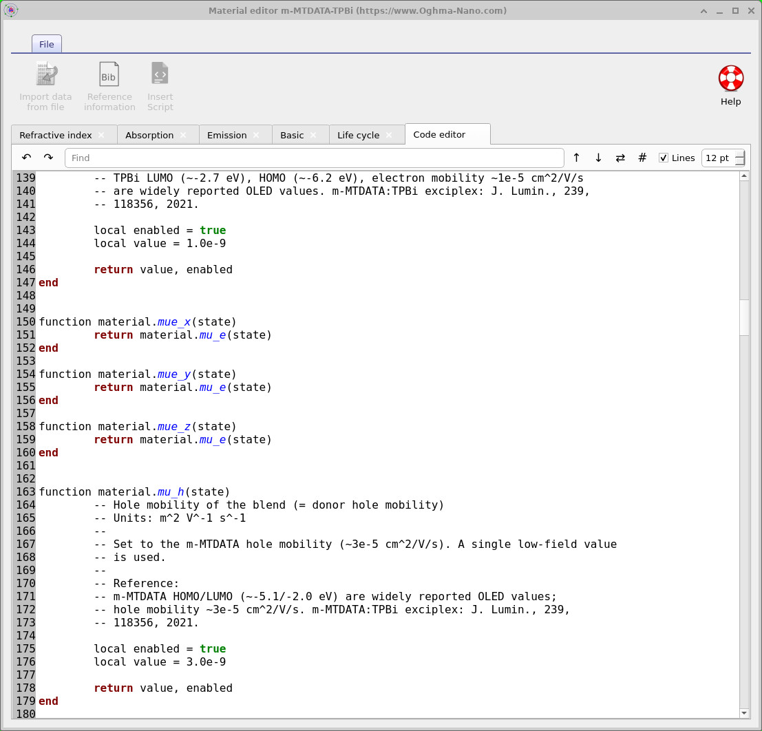 OghmaNano Material editor showing the Code editor tab with a Lua material script defining mue_x, mue_y, mue_z and mu_h functions for the material m-MTDATA:TPBi