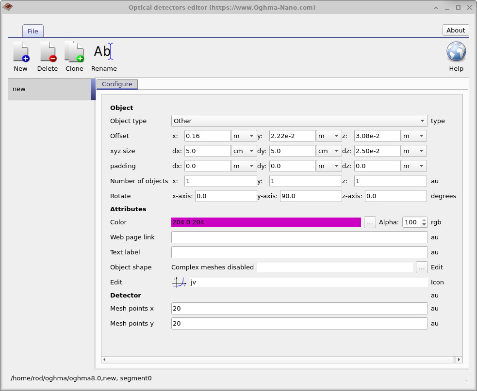 OghmaNano Optical Detectors Editor showing detector configuration options