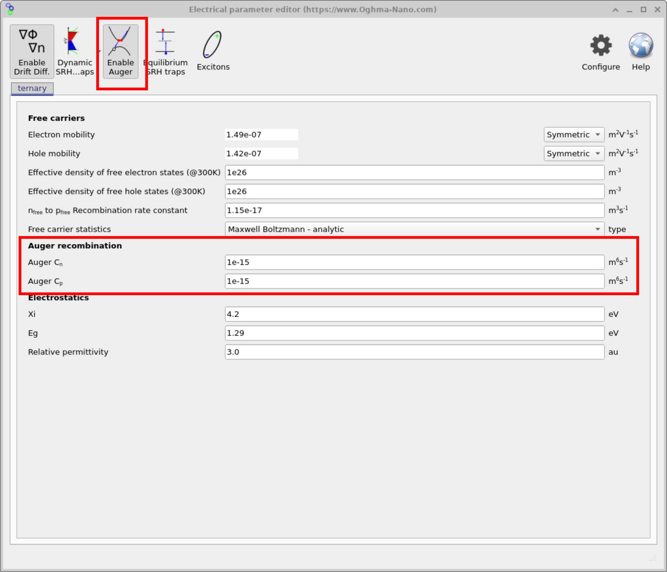 Electrical parameter editor with the Auger button pressed, showing additional fields for Auger recombination constants.