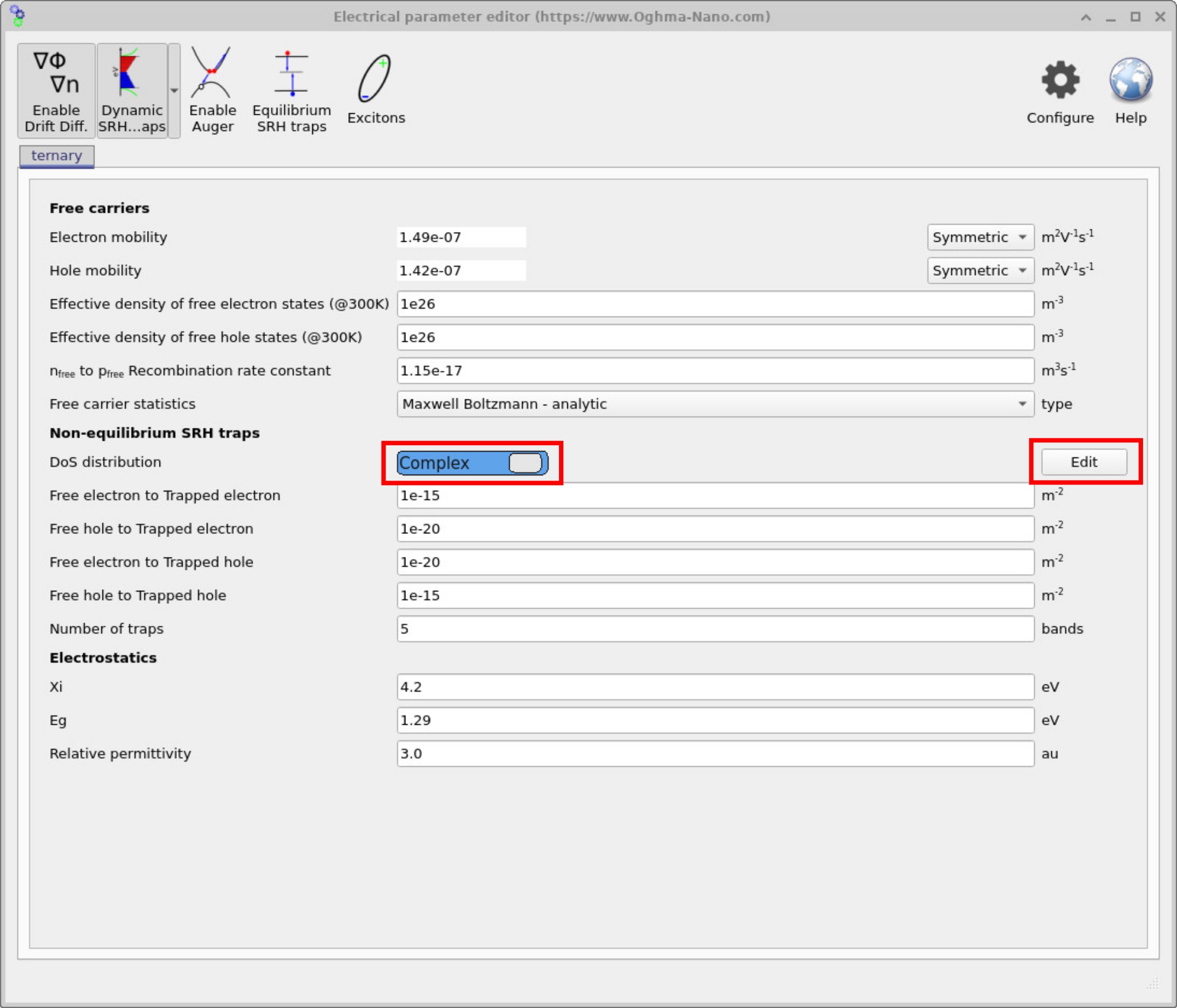 Electrical parameter editor with Dynamic SRH traps set to complex distribution, showing an Edit button to configure custom trap distributions.
