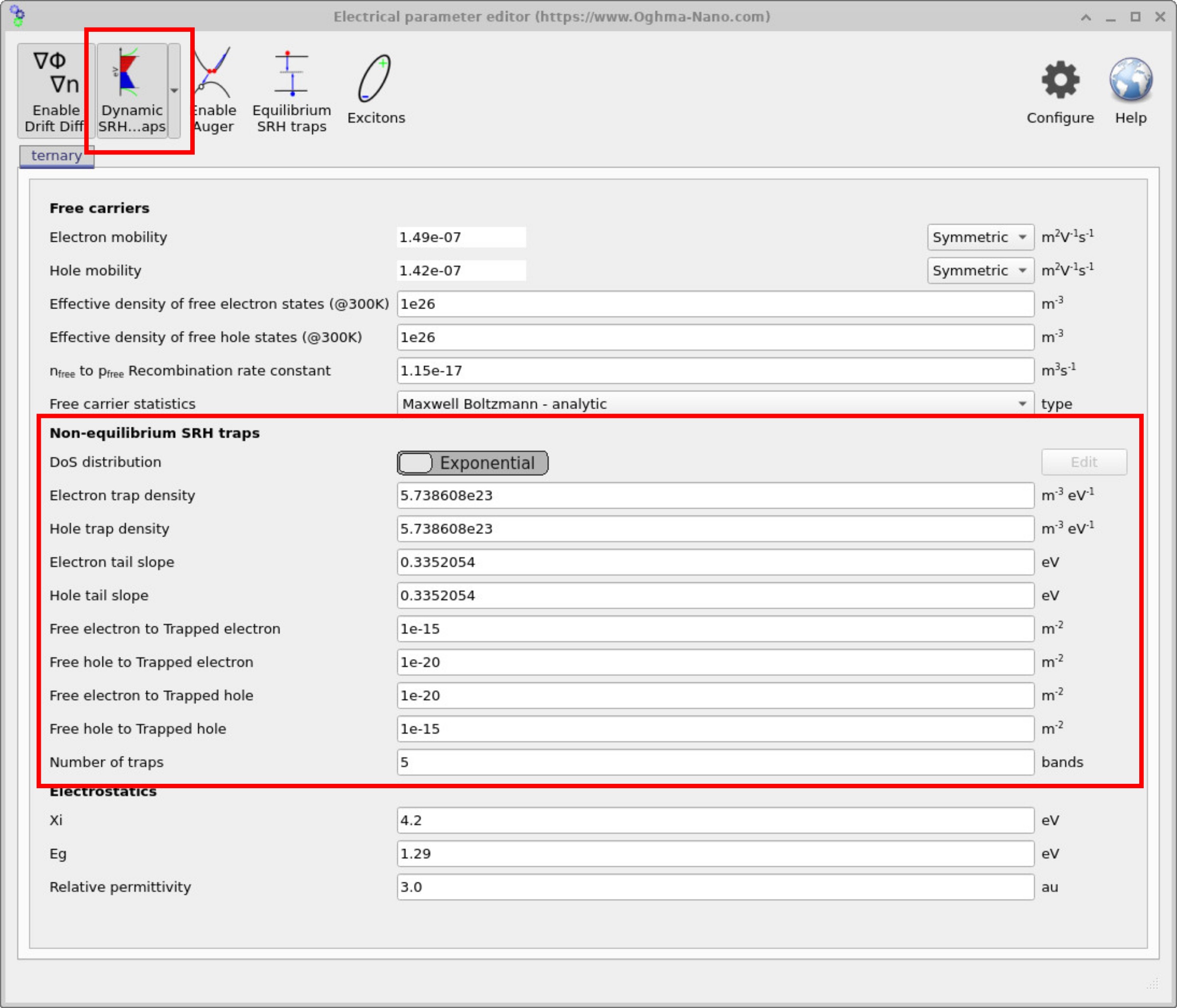 Electrical parameter editor with Dynamic SRH traps enabled, showing options for non-equilibrium traps including trap densities and tail slopes.