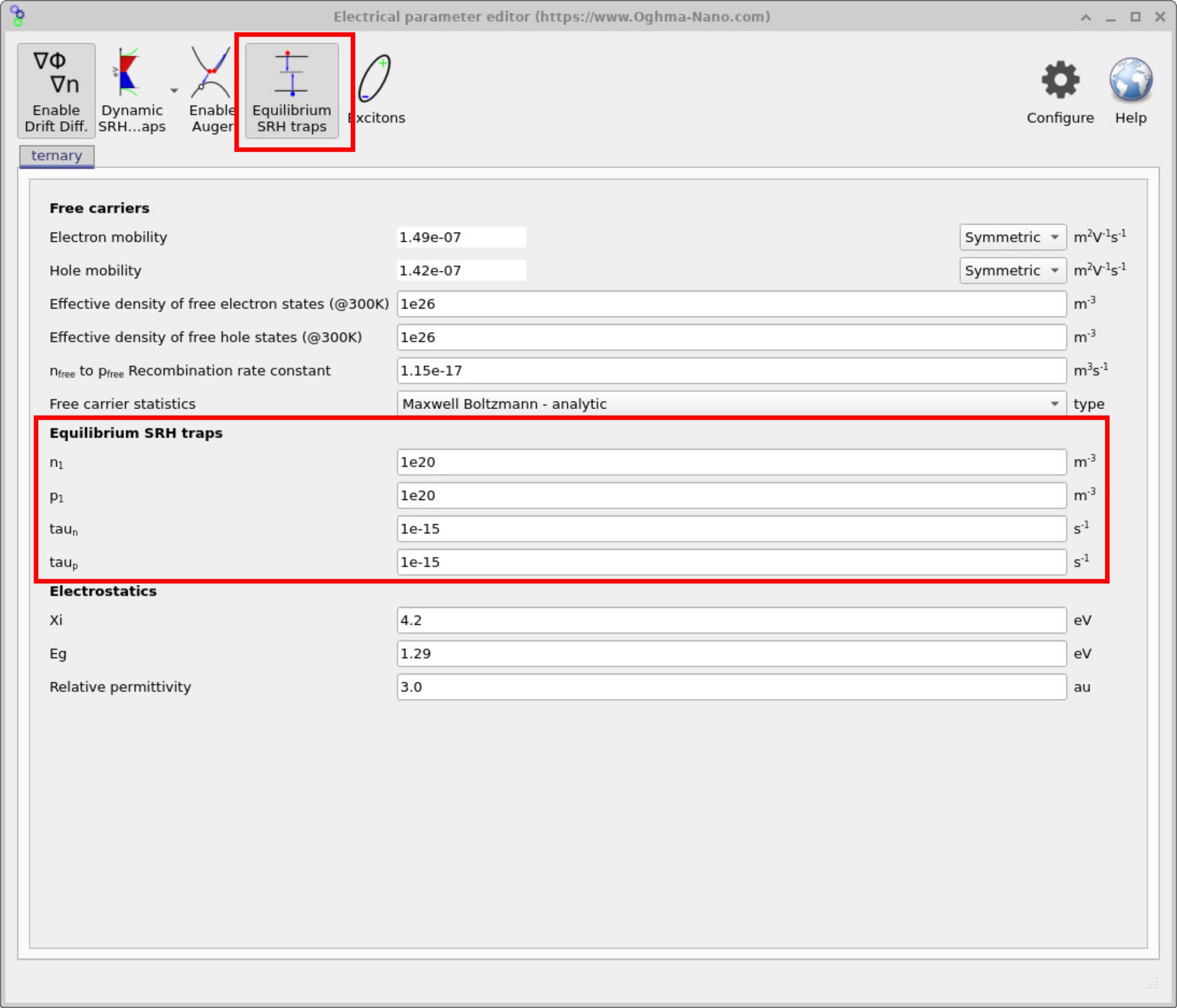 Electrical parameter editor with the Equilibrium SRH traps button pressed, showing additional fields for SRH trap parameters.