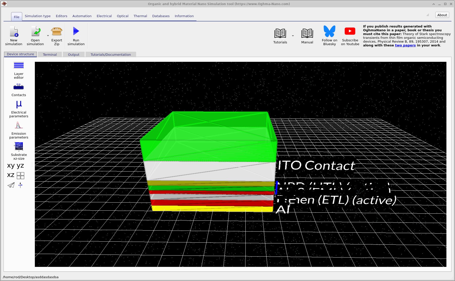OghmaNano main window showing how to open the Emission editor via the Emission parameters icon.