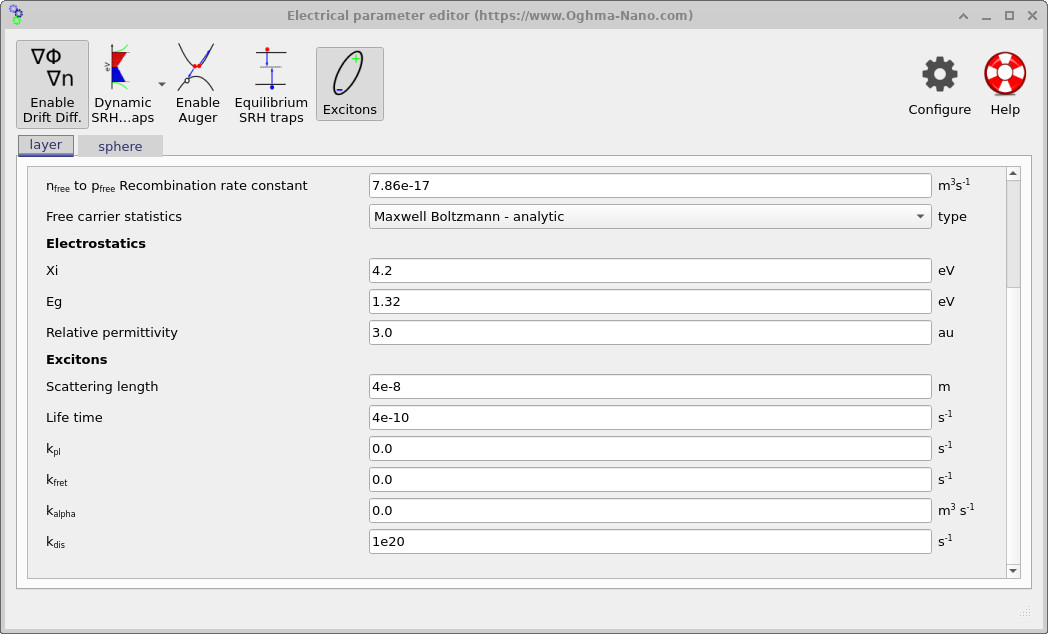 Electrical parameter editor (layer) showing exciton parameters including scattering length and lifetime
