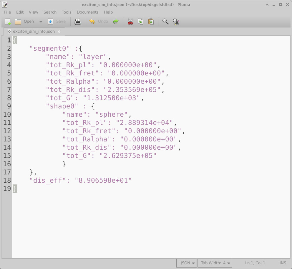 exciton_sim_info.json opened in a text editor showing nested segment0/layer and shape0/sphere totals and dis_eff