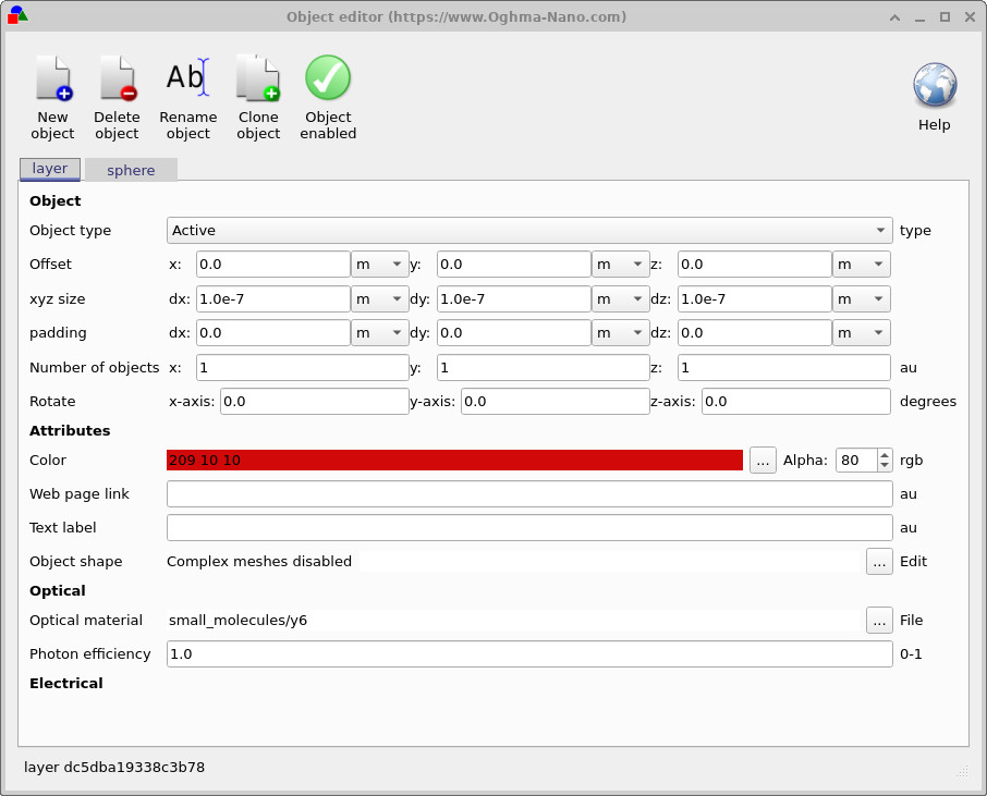 Object editor showing optical material selection and photon efficiency