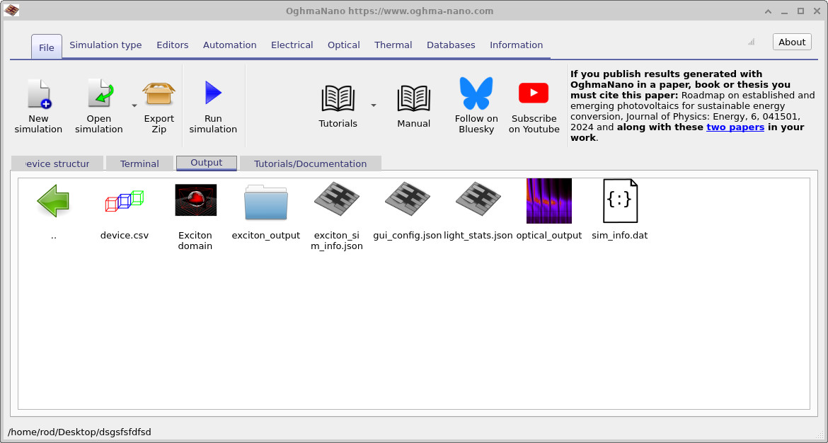 Output tab showing exciton_output folder and exciton_sim_info.json