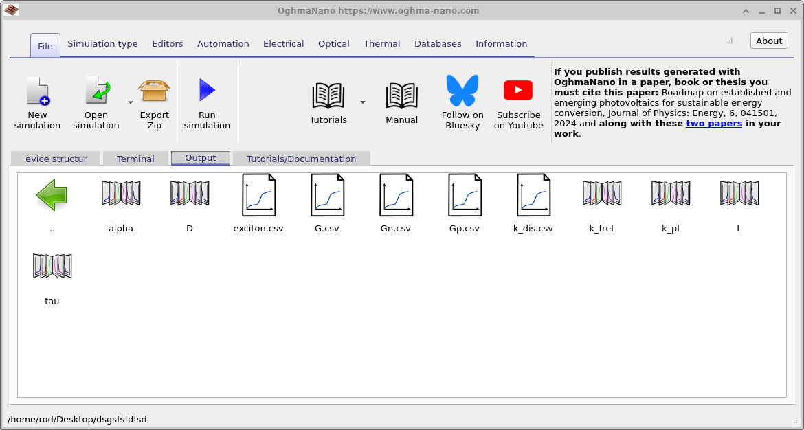 Contents of exciton_output showing exciton.csv, G.csv, Gn.csv, Gp.csv and related files