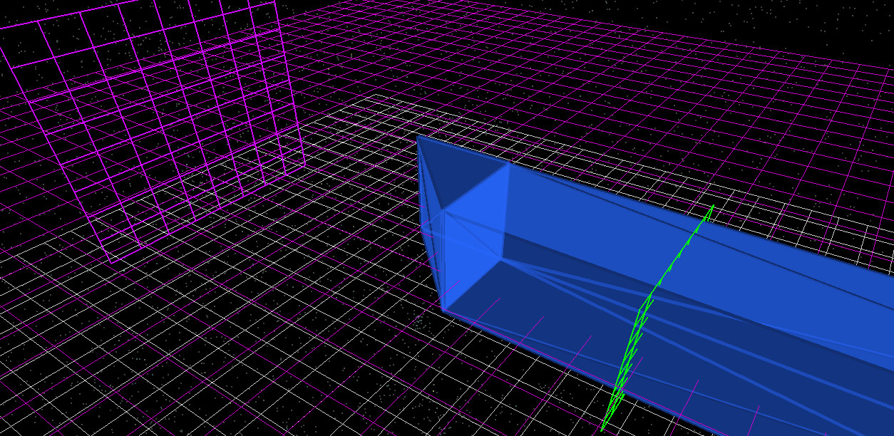 Three-dimensional simulation view of a GaAs waveguide with a tilted output facet, source plane, and detector plane