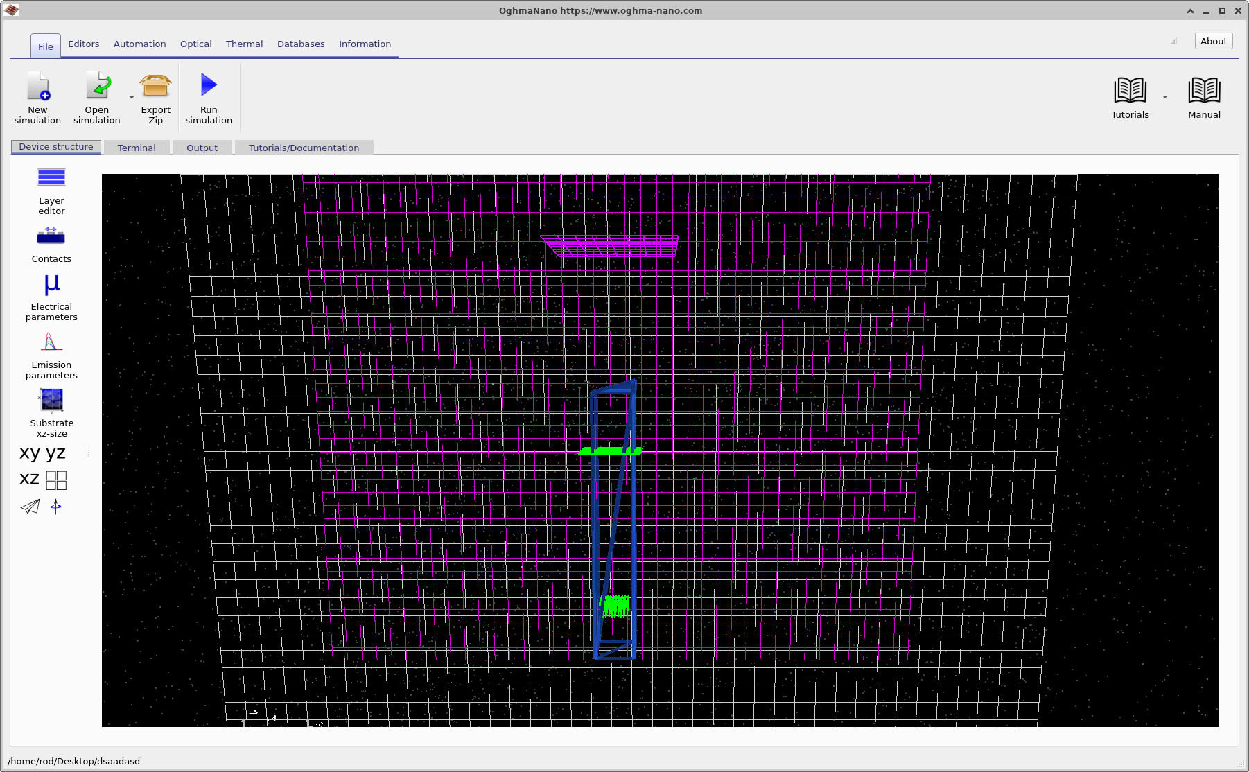 Top view of the main OghmaNano window showing the GaAs waveguide, source, facet, and detector
