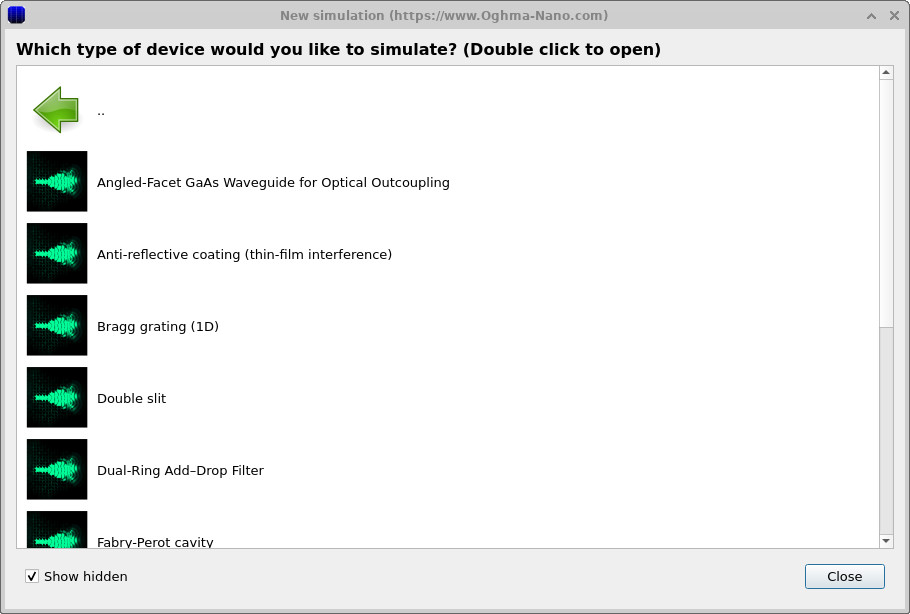 FDTD example list including the angled facet GaAs waveguide example