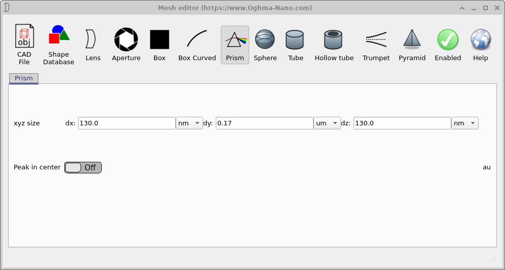 Object editor showing the facet geometry settings including the dx value