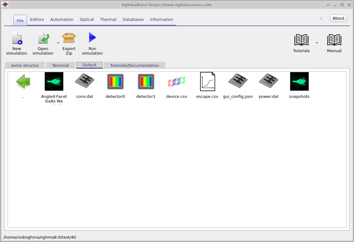 Output tab listing files produced by the angled facet FDTD simulation including detector outputs and snapshots
