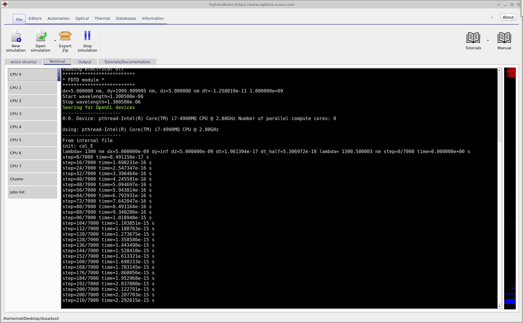Terminal tab showing the tilted facet GaAs waveguide FDTD simulation running