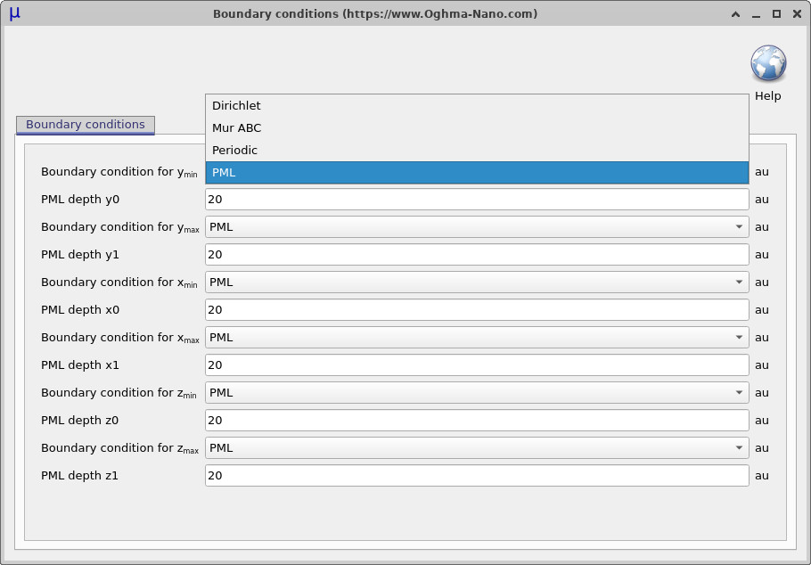 OghmaNano boundary-condition editor showing configurable boundary types for y0, y1, x0, x1, z0, and z1, together with PML depth controls